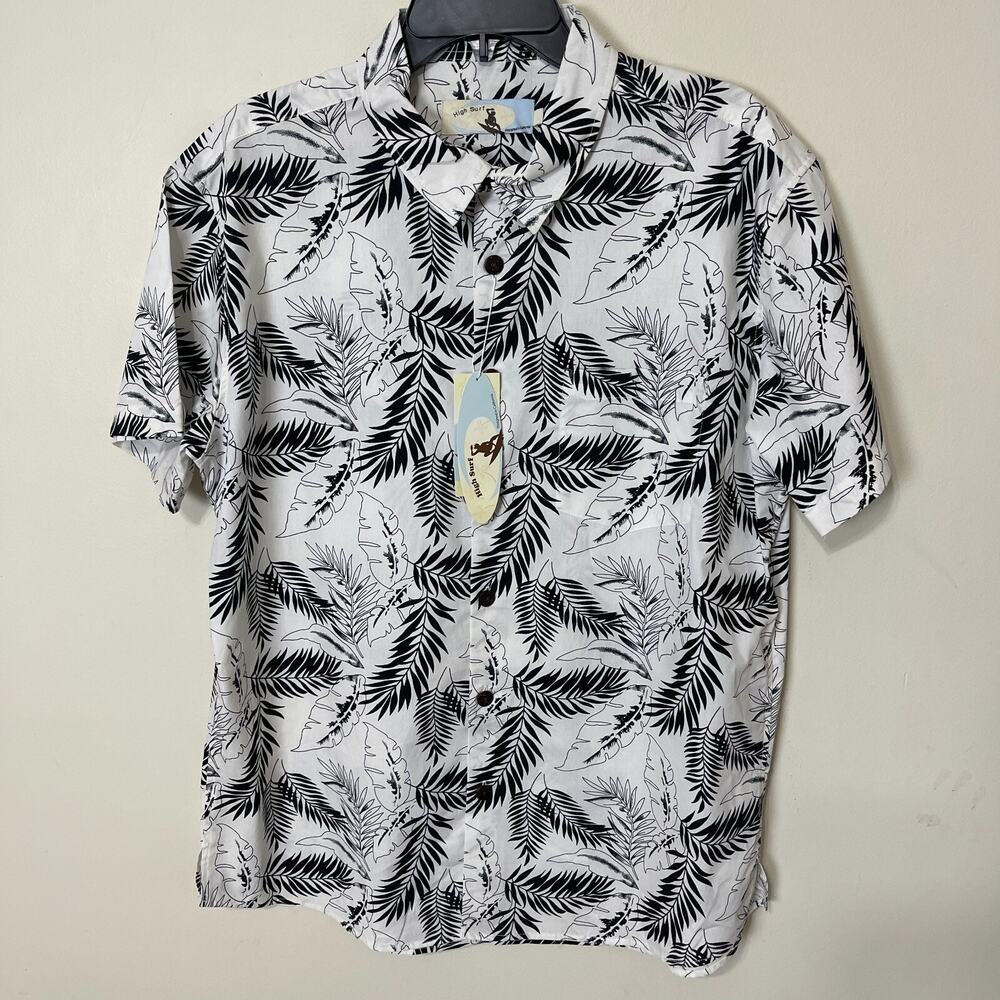 Surfwaves Mens Hawaiian Shirt Button‎ Up High Surf White Floral Short Sleeve L